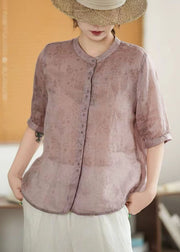 Art Green Single Breasted Print Linen Shirt Half Sleeve