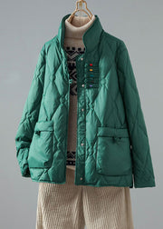 Art Green Stand Collar Chinese Button Pockets Duck Down Puffer Coat Winter