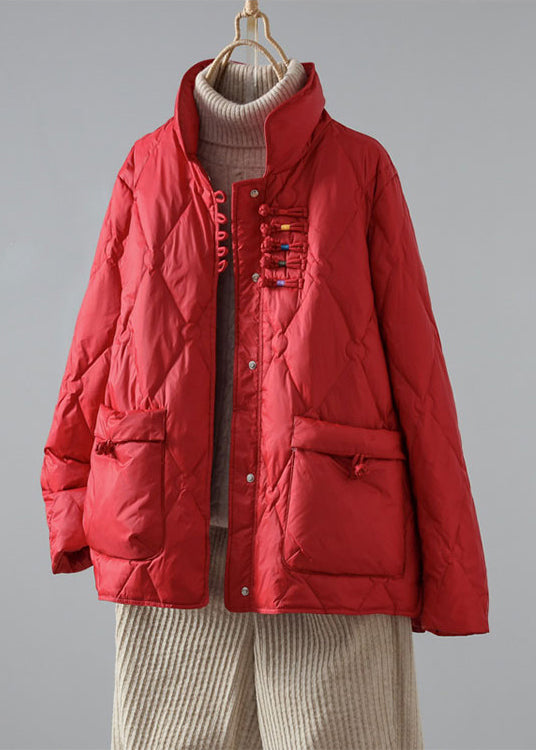 Art Green Stand Collar Chinese Button Pockets Duck Down Puffer Coat Winter