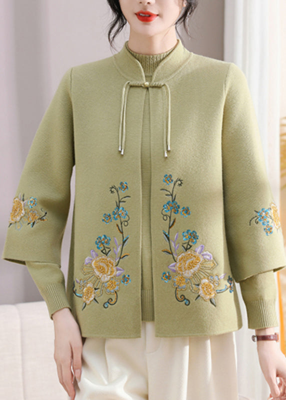 Art Green Stand Collar Cotton Knit Coats And Sweater Two Pieces Set Fall