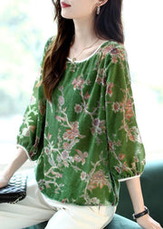 Art Green U Neck Print Silk Velour T Shirts Bracelet Sleeve