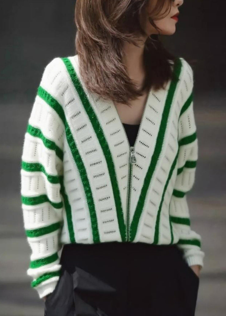 Art Green V Neck Zip Up Striped Knit Shirts Fall