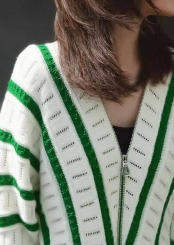 Art Green V Neck Zip Up Striped Knit Shirts Fall