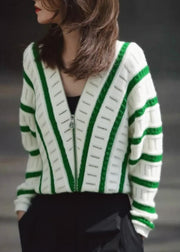 Art Green V Neck Zip Up Striped Knit Shirts Fall