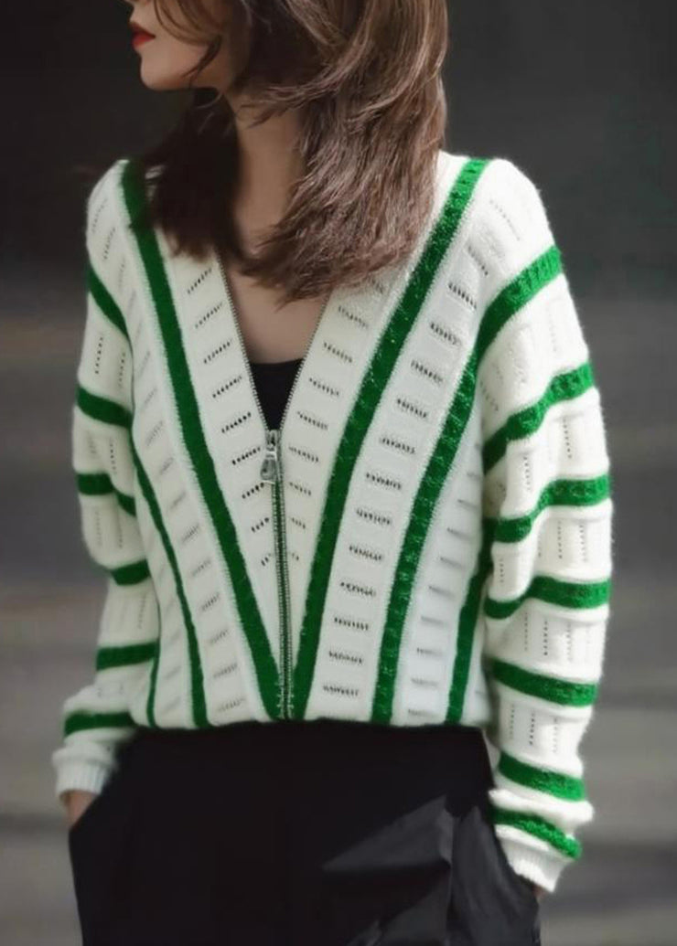 Art Green V Neck Zip Up Striped Knit Shirts Fall