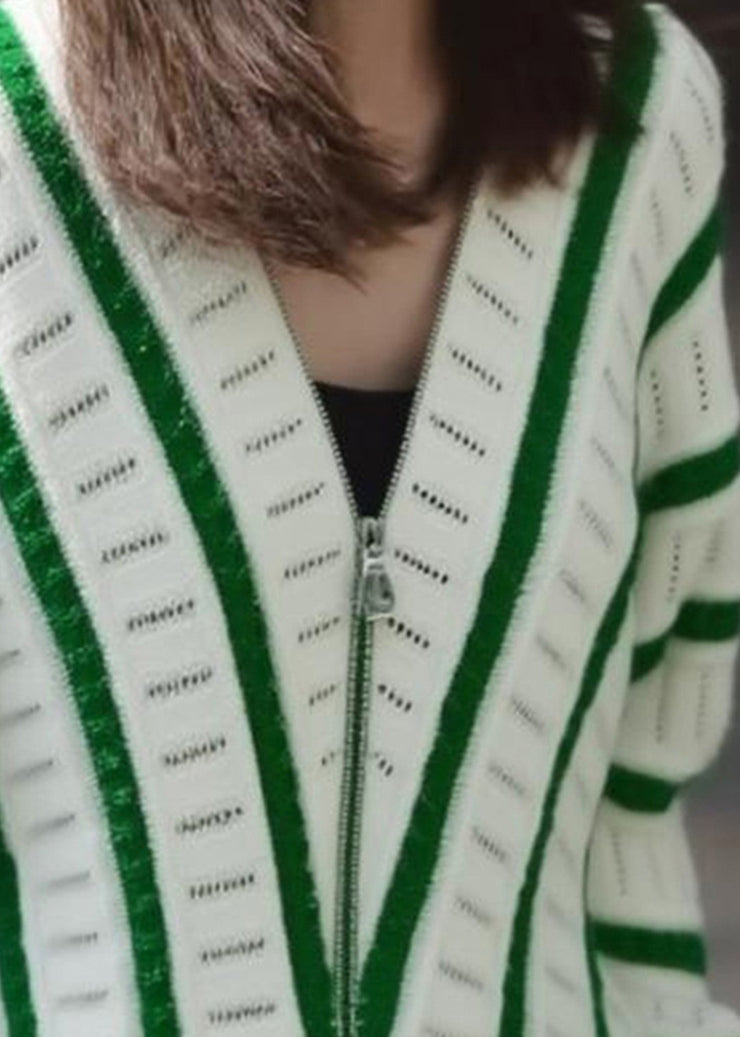 Art Green V Neck Zip Up Striped Knit Shirts Fall