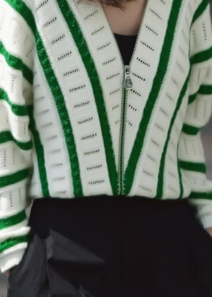 Art Green V Neck Zip Up Striped Knit Shirts Fall