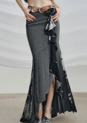 Art Grey Asymmetrical Wrinkled Cotton Skirts Fall
