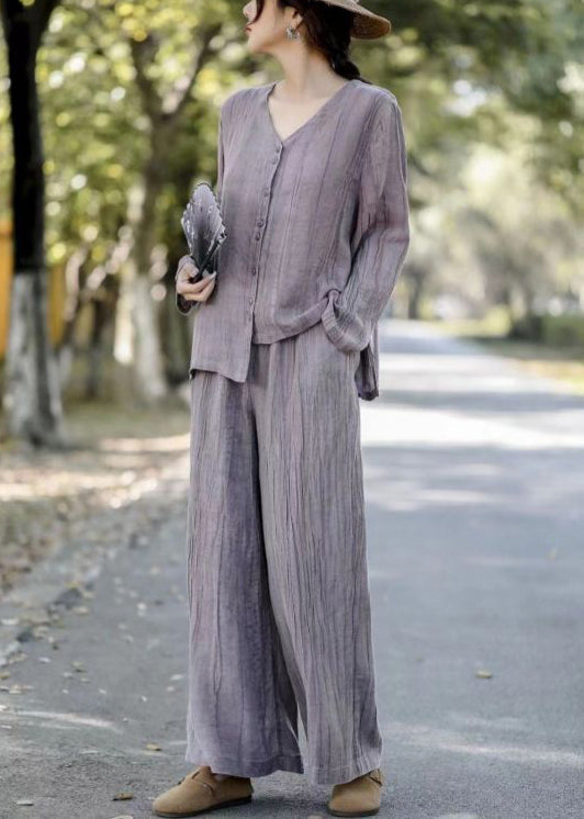 Art Grey Asymmetrical Wrinkled Linen Two Pieces Set Spring