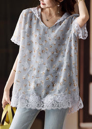 Art Grey Hooded Lace Patchwork Chiffon Shirts Summer
