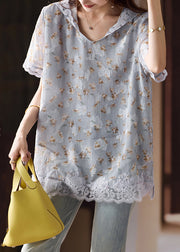 Art Grey Hooded Lace Patchwork Chiffon Shirts Summer