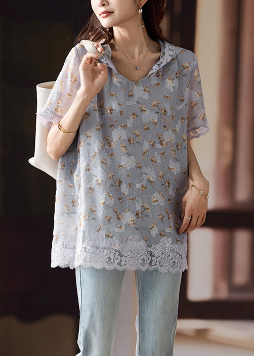 Art Grey Hooded Lace Patchwork Chiffon Shirts Summer