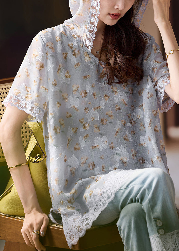 Art Grey Hooded Lace Patchwork Chiffon Shirts Summer