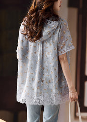 Art Grey Hooded Lace Patchwork Chiffon Shirts Summer