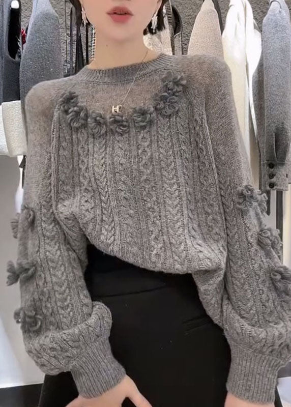 Art Grey O-Neck Floral Cable Knit Sweater Winter