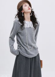 Art Grey O-Neck Patchwork Lace Cotton Shirt Spring