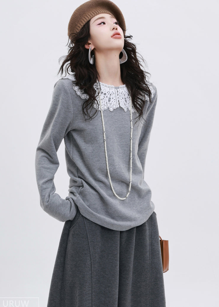 Art Grey O-Neck Patchwork Lace Cotton Shirt Spring
