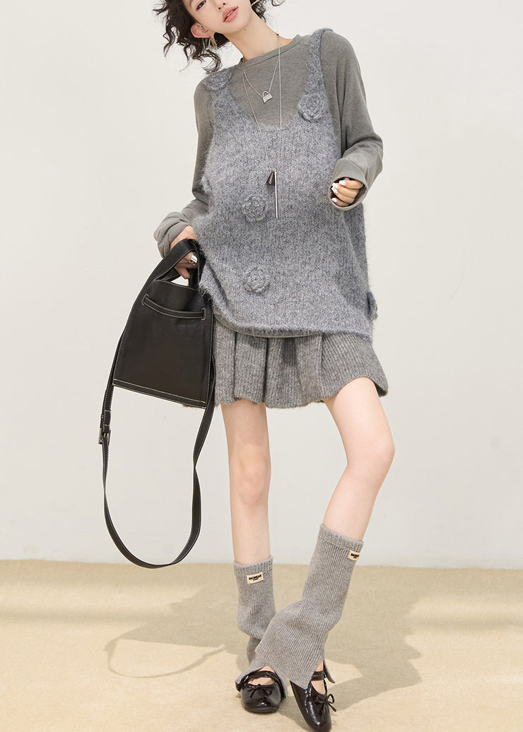 Art Grey Oversized Floral Knit Vests Winter