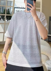 Art Grey Oversized Hollow Out Knit Mens Graphic Tees Summer
