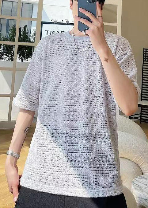 Art Grey Oversized Hollow Out Knit Mens Graphic Tees Summer