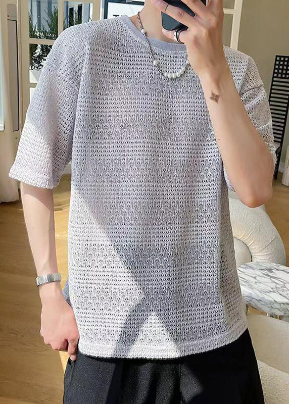 Art Grey Oversized Hollow Out Knit Mens Graphic Tees Summer