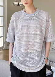 Art Grey Oversized Hollow Out Knit Mens Graphic Tees Summer