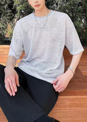 Art Grey Oversized Hollow Out Knit Mens Graphic Tees Summer