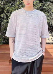 Art Grey Oversized Hollow Out Knit Mens Graphic Tees Summer