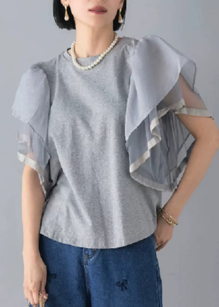 Art Grey Patchwork Tulle Tank Tops Cloak Sleeves