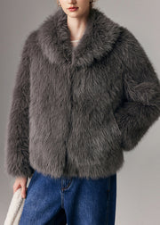 Art Grey Peter Pan Collar Warm Faux Fox Fur Coats Winter