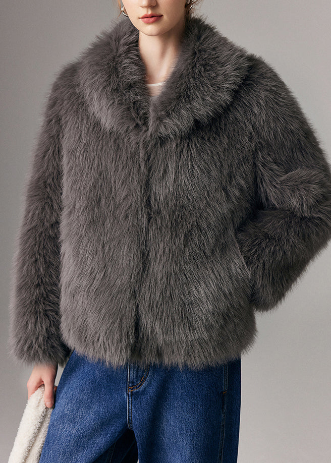 Art Grey Peter Pan Collar Warm Faux Fox Fur Coats Winter
