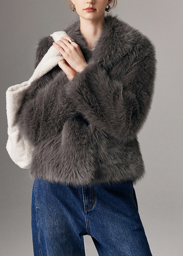 Art Grey Peter Pan Collar Warm Faux Fox Fur Coats Winter
