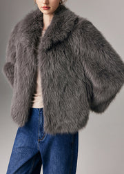 Art Grey Peter Pan Collar Warm Faux Fox Fur Coats Winter