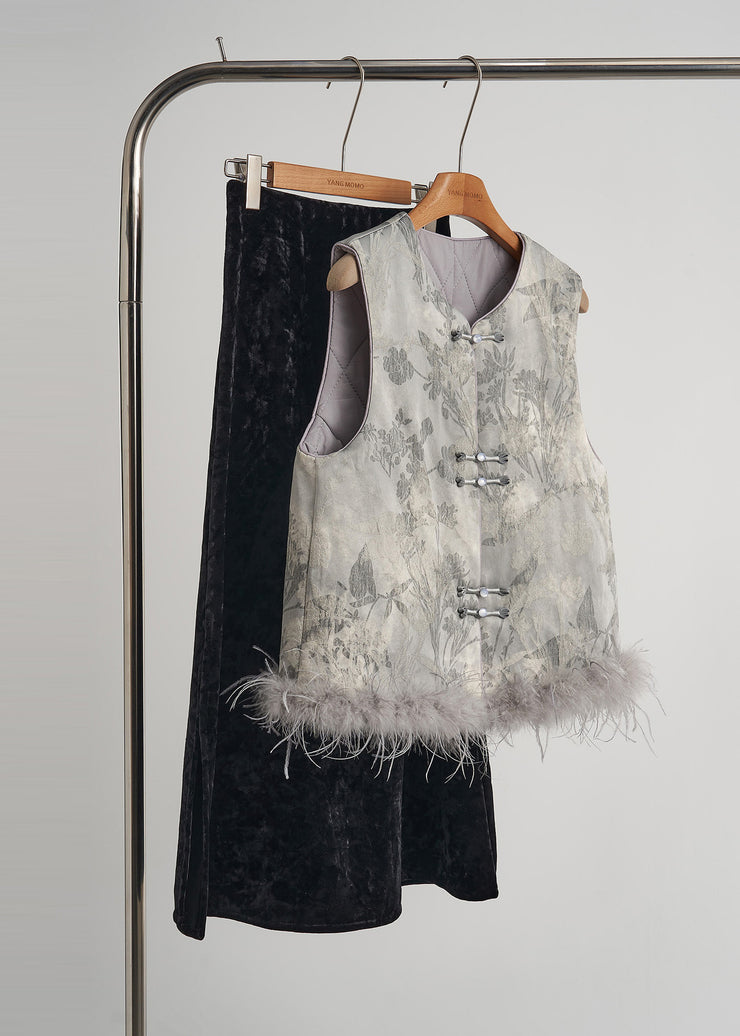Art Grey Print Patchwork Feather Thick Vests Winter
