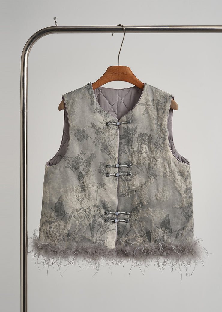 Art Grey Print Patchwork Feather Thick Vests Winter