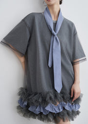 Art Grey Ruffled Tulle Patchwork Cotton T Shirt Dresses Summer