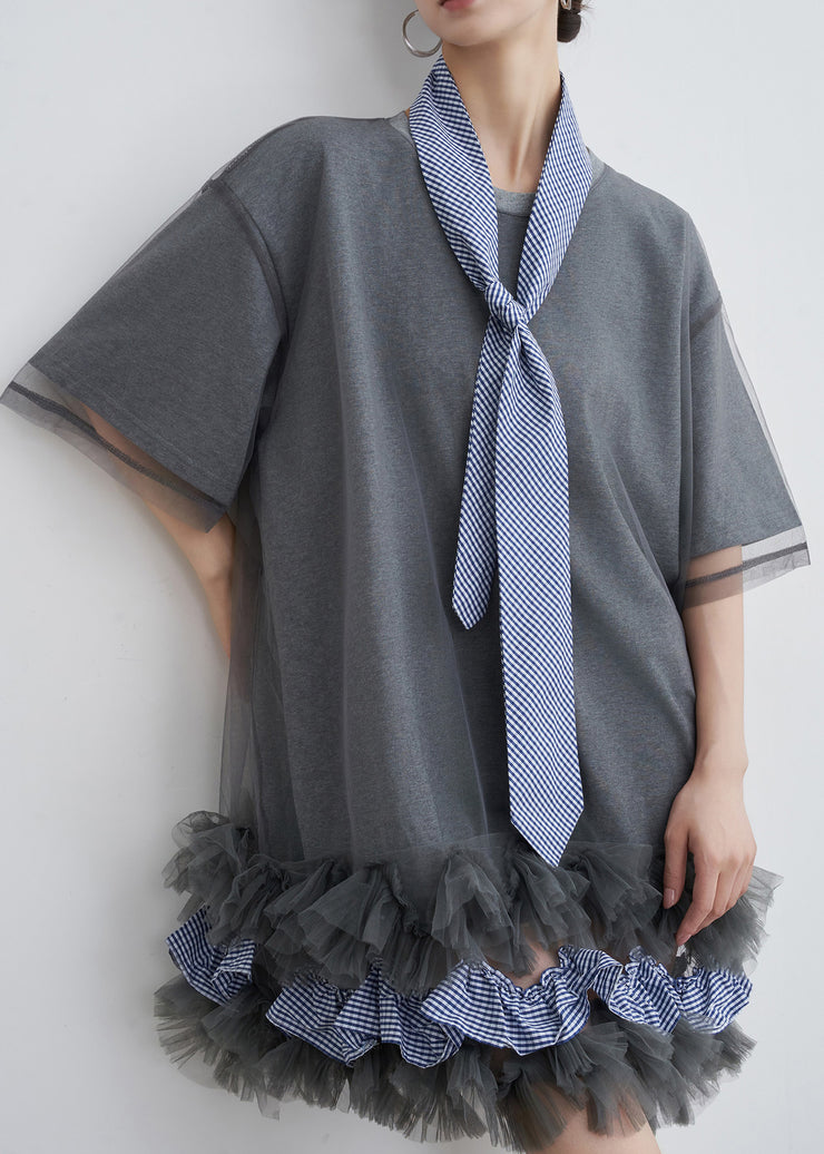 Art Grey Ruffled Tulle Patchwork Cotton T Shirt Dresses Summer