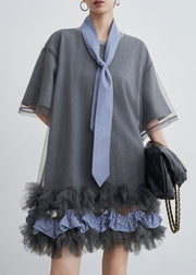 Art Grey Ruffled Tulle Patchwork Cotton T Shirt Dresses Summer