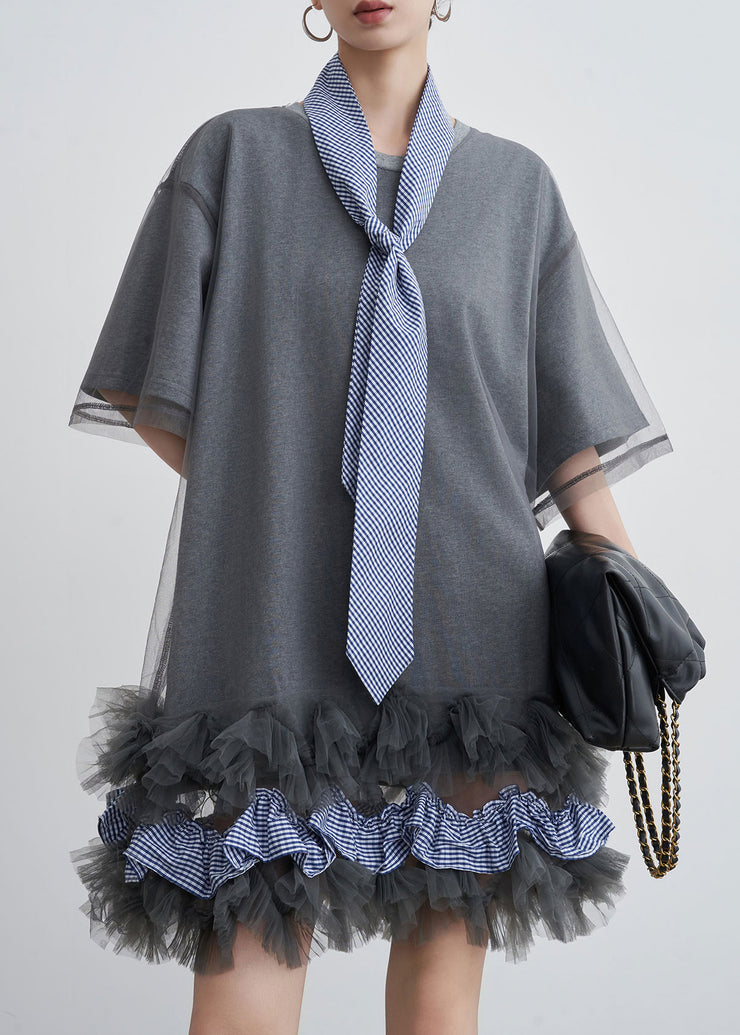 Art Grey Ruffled Tulle Patchwork Cotton T Shirt Dresses Summer