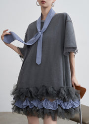 Art Grey Ruffled Tulle Patchwork Cotton T Shirt Dresses Summer