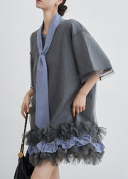 Art Grey Ruffled Tulle Patchwork Cotton T Shirt Dresses Summer