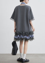 Art Grey Ruffled Tulle Patchwork Cotton T Shirt Dresses Summer