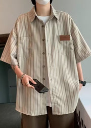 Art Grey Striped Button Cotton Mens Shirts Summer