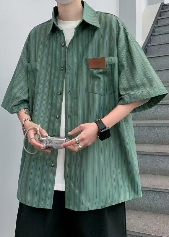 Art Grey Striped Button Cotton Mens Shirts Summer