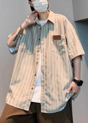 Art Grey Striped Button Cotton Mens Shirts Summer