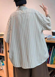 Art Grey Striped Button Cotton Mens Shirts Summer