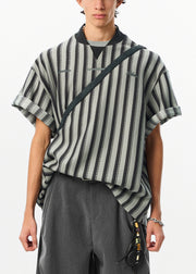 Art Grey Striped Letter Cotton Men T Shirt Summer
