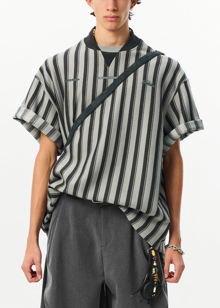 Art Grey Striped Letter Cotton Men T Shirt Summer
