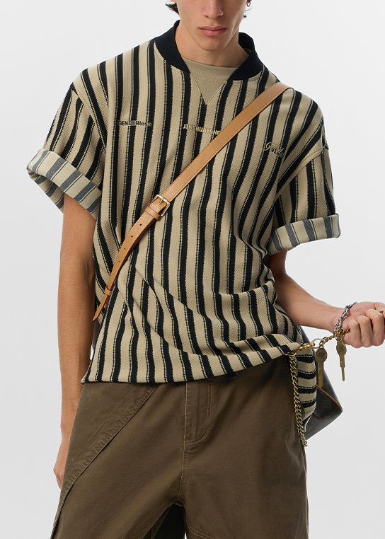 Art Grey Striped Letter Cotton Men T Shirt Summer