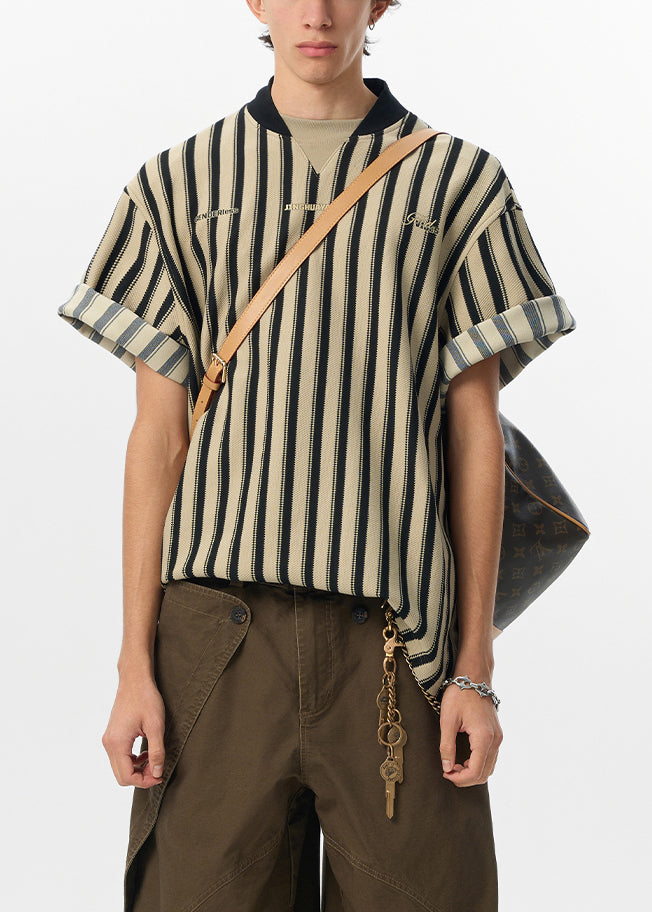 Art Grey Striped Letter Cotton Men T Shirt Summer